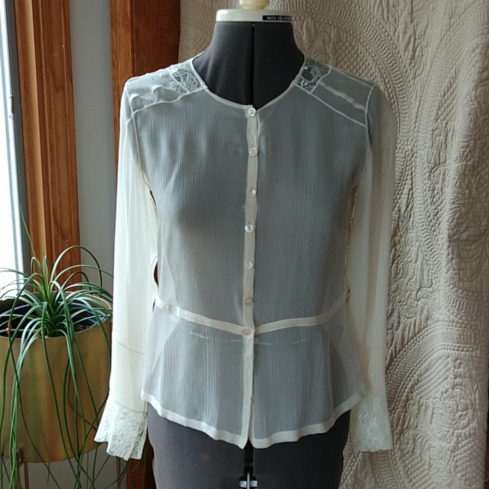 Sheer cream silk and lace blouse